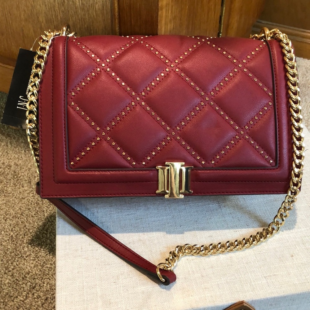 NWT gold studded INC International crimson red vegan leather bag